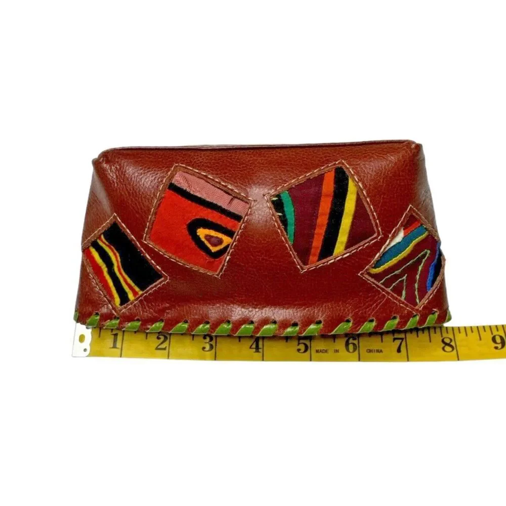 Arte Kuna Colombia 100% Leather Zippered Makeup Bag with 4 Square‎ Mola Design